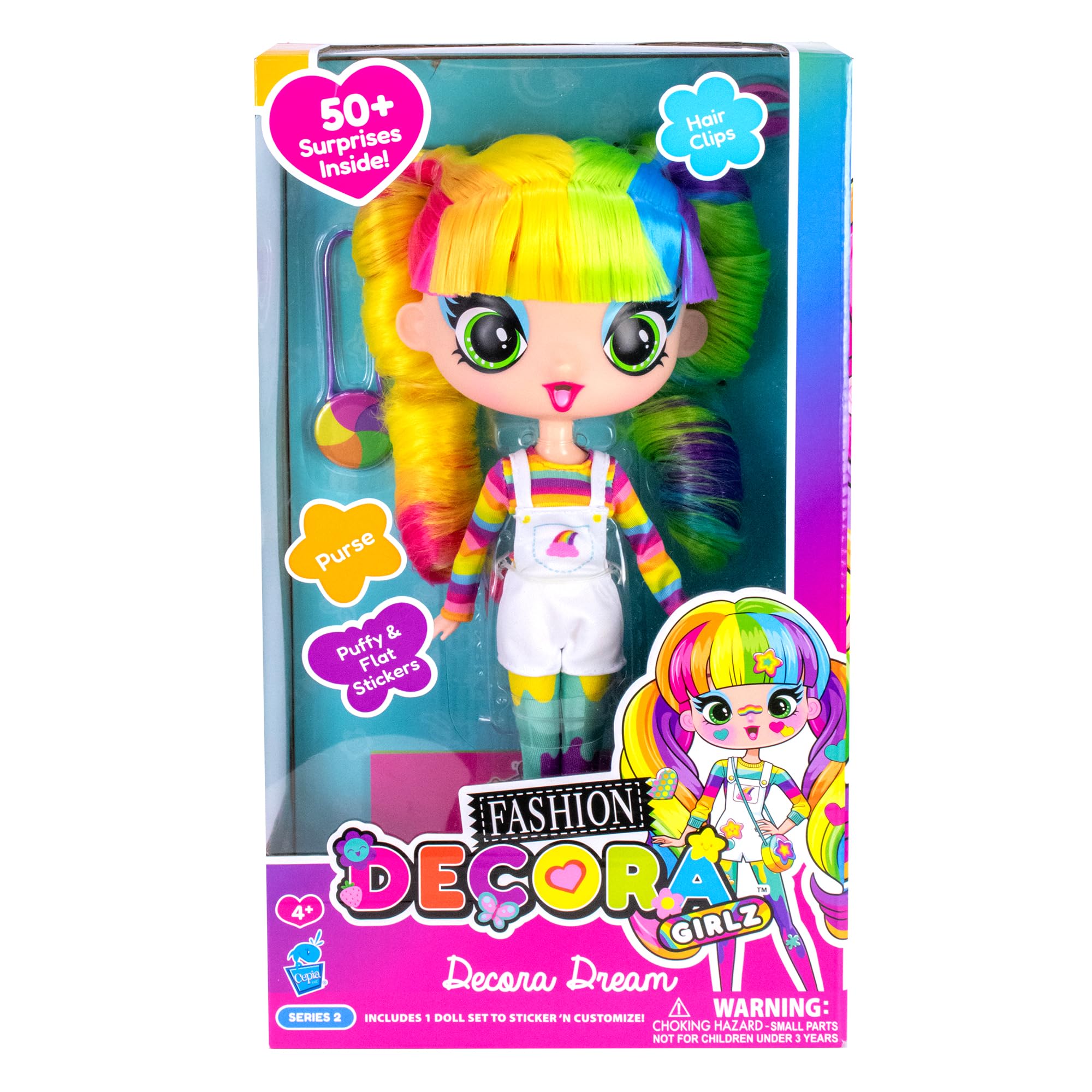 Decora Fashion Girlz Series 2– Decora Dream – 11” Fabric-Costumed Posable Vinyl Doll with Extra-Long Rainbow Hair, 50+ Surprises, Puffy & Flat Removable Stickers, and Accessories