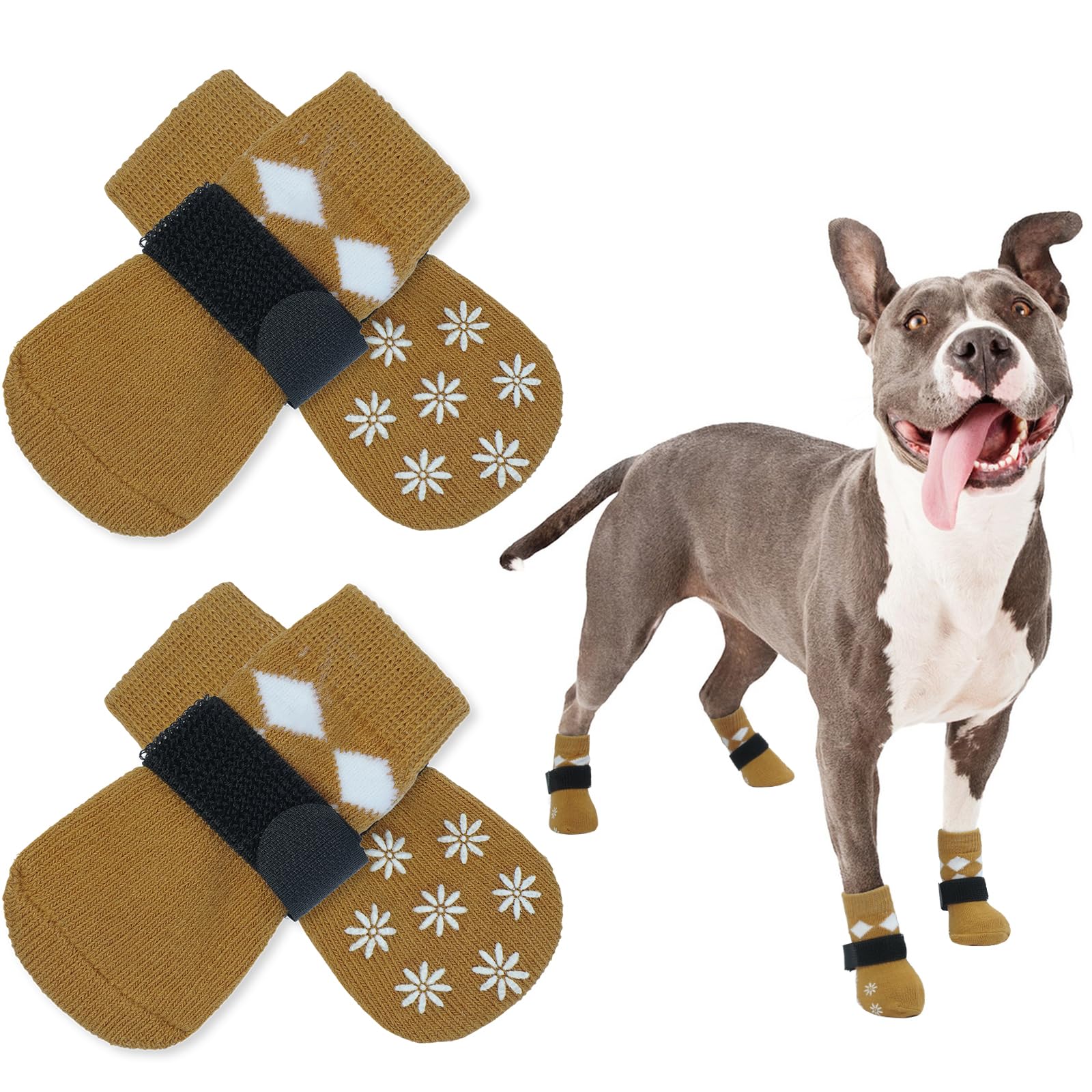 PUMYPOREITY 2 Pairs Anti Slip Dog Socks Paws Stop Licking, Paw Protectors for Dogs Warm Socks Dog Paw Covers Dog Grip Socks XL Dog Socks for Senior Dogs(Brown, XL)
