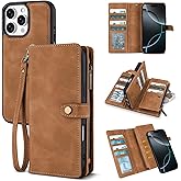 TwoHead Wallet Case Compatible with iPhone 16 Pro,Detachable Magnetic Phone Case,PU Leather All-Round Protective Cover Wallet with Card Holder/Change Pocket,6.3 in,Brown