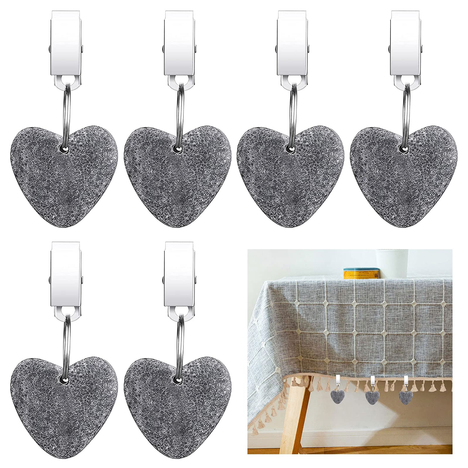 MOROBOR 6pcs Heart-Shaped Marble Tablecloth Weights Clips, Gray