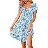 AUSELILY Women Summer Dress Casual Short Sleeve Sundress V Neck Floral Tiered Beach Dresses with Pockets
