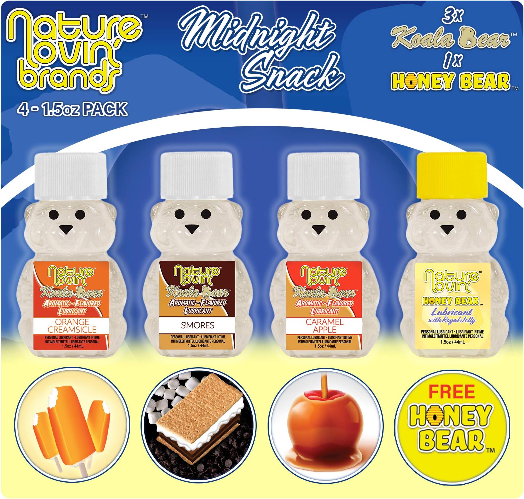 Nature Lovin' Koala Bear - Midnight Snack Pack Flavored Personal Lubricant 4-1.5 oz Edible for Couples, Women & Men
