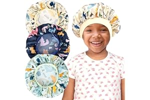 AILEAM 3 Pieces Kids Satin Bonnet Dinosaur Wide Elastic Band Sleeping Cap Soft Silk Double Layer Night Hair Hats for Teens Toddler Child Baby