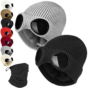 Unisex Beanie with Goggles, Windproof Warm Knit Winter Ski Hat | Built-In Goggles Pair With Warm Knit Fabric To Help Block Co
