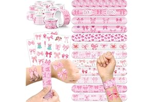 60 PCS Pink Coquette Bow Party Favors Set - 36 Temporary Tattoos Sticker & 24 Slap Bracelets for Kids, Perfect for Birthday P