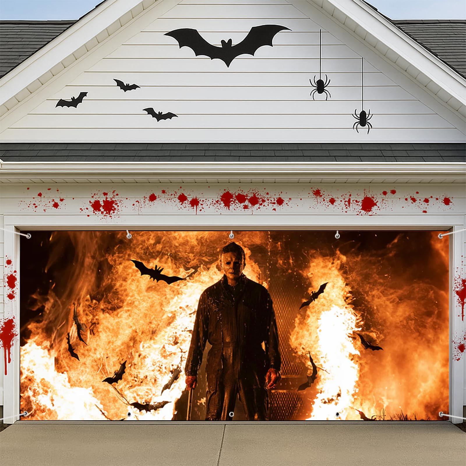 Photo 1 of Halloween Decorations - Scary Garage Door Cover, Large Horror Banner (16 * 7 ft) for Outdoor Parties & Photography Background Halloween Party Decor Banner Cover
