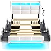 Rolanstar Twin Size Bed Frame with LED Lights and Charging Station, Upholstered Bed Storage Headboard & Drawers, Heavy Duty Wood Slats, Easy Assembly, White