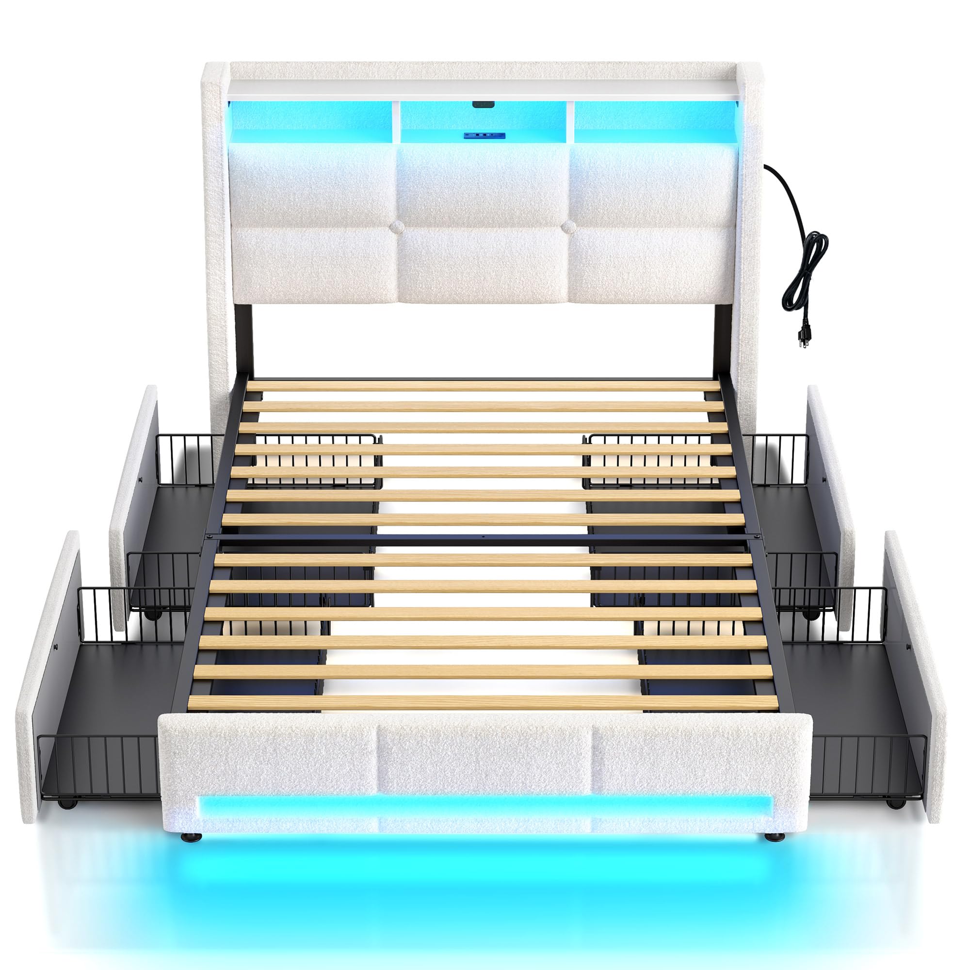 Rolanstar Twin Size Bed Frame with LED Lights and Charging Station, Upholstered Bed Storage Headboard & Drawers, Heavy Duty Wood Slats, Easy Assembly, White Image