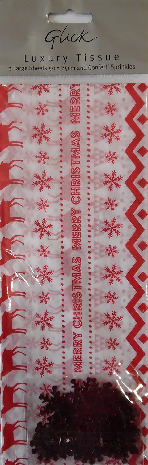 White red Merry Christmas with Sparkles Printed Patterned Tissue Wrapping Paper by Glick 4 Sheets 50 x 75cm