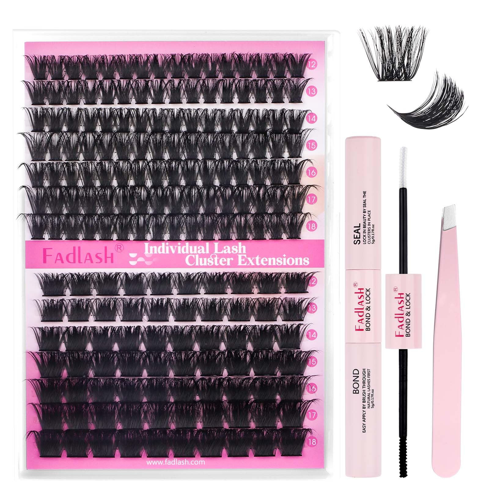FADLASH 100D+200D 0.07mm D Curl 12-18mm with Bond and Seal and Tweezers Fluffy Cluster Lashes DIY Eyelash Extensions — image 1
