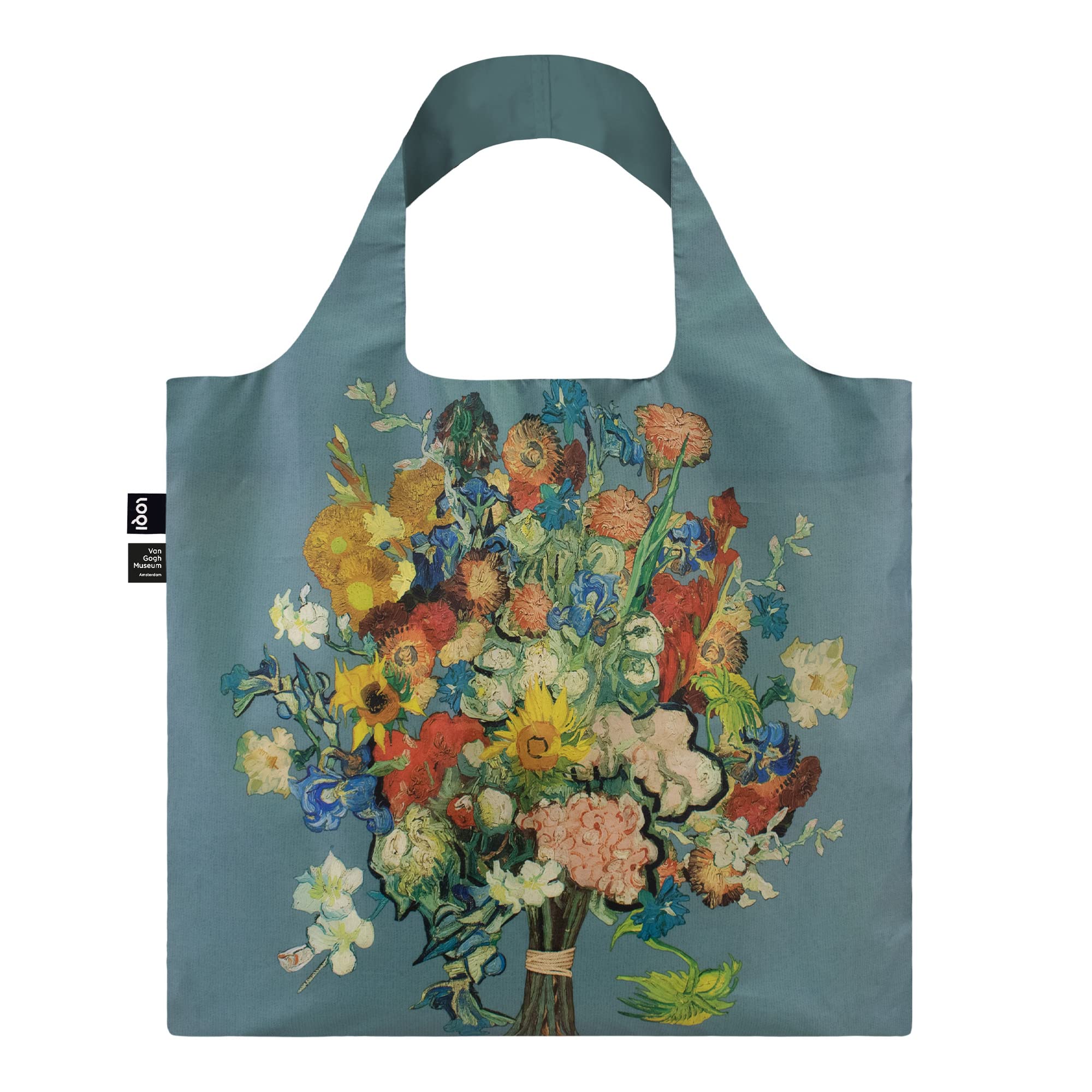 LOQI Vincent Van Gogh - VGM 50th Anniversary Bouquet/Flower Pattern Blue Canvas Recycled Bag