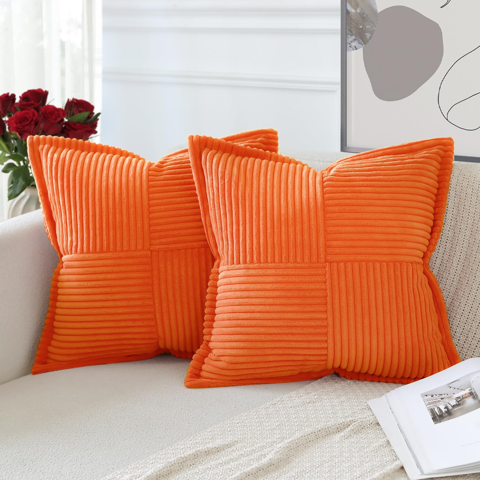 Artscope Corduroy Cushion Covers Pack of 2 Modern Patchwork Throw Pillow Covers Soft Pillowcase Broadside Decorative Textured Cushions for Home decor Sofa Bedroom Couch Orange 40x40cm โ image 1