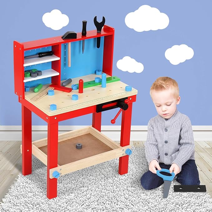 Infantastic Kinderwerkbank | (64 x 47 x 32 cm) mit Werkzeug Zubehör ohne scharfe Ecken und Kanten | Spielzeugwerkbank, Kinder