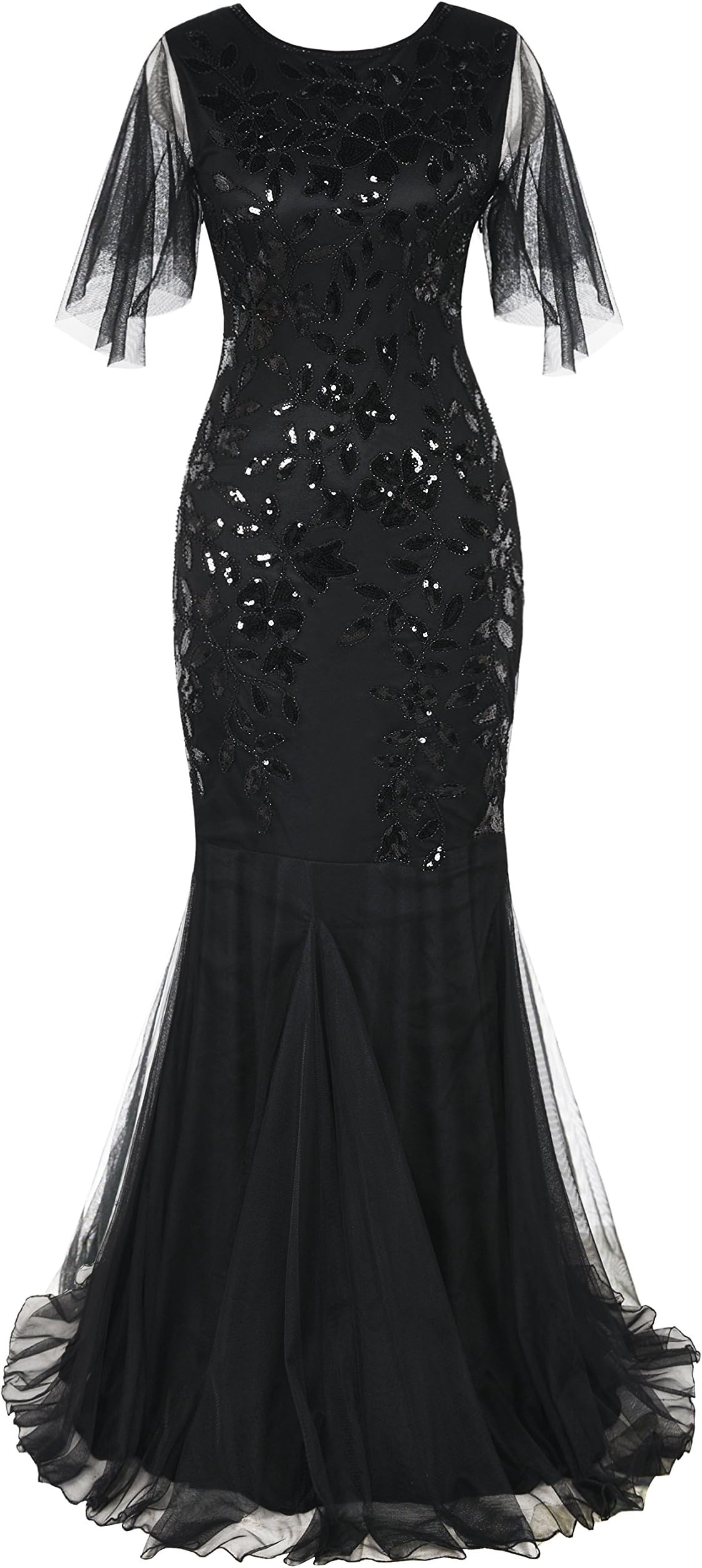 Women's 1920s Maxi Long Prom Gowns Sequin Mermaid Hem Evening Dress with Sleeves