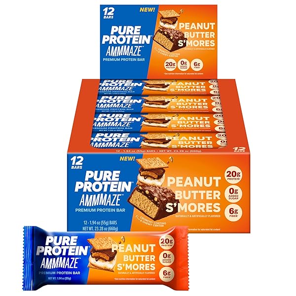 PURE PROTEIN AMMMAZE PEANUT BUTTER S’MORES BARS, 20G PROTEIN, 6G FIBER, 5G NET CARBS, NO ADDED SUGAR, HIGH PROTEIN SNACK, 12 COUNT – MEAL REPLACEMENT BAR FOR ON-THE-GO