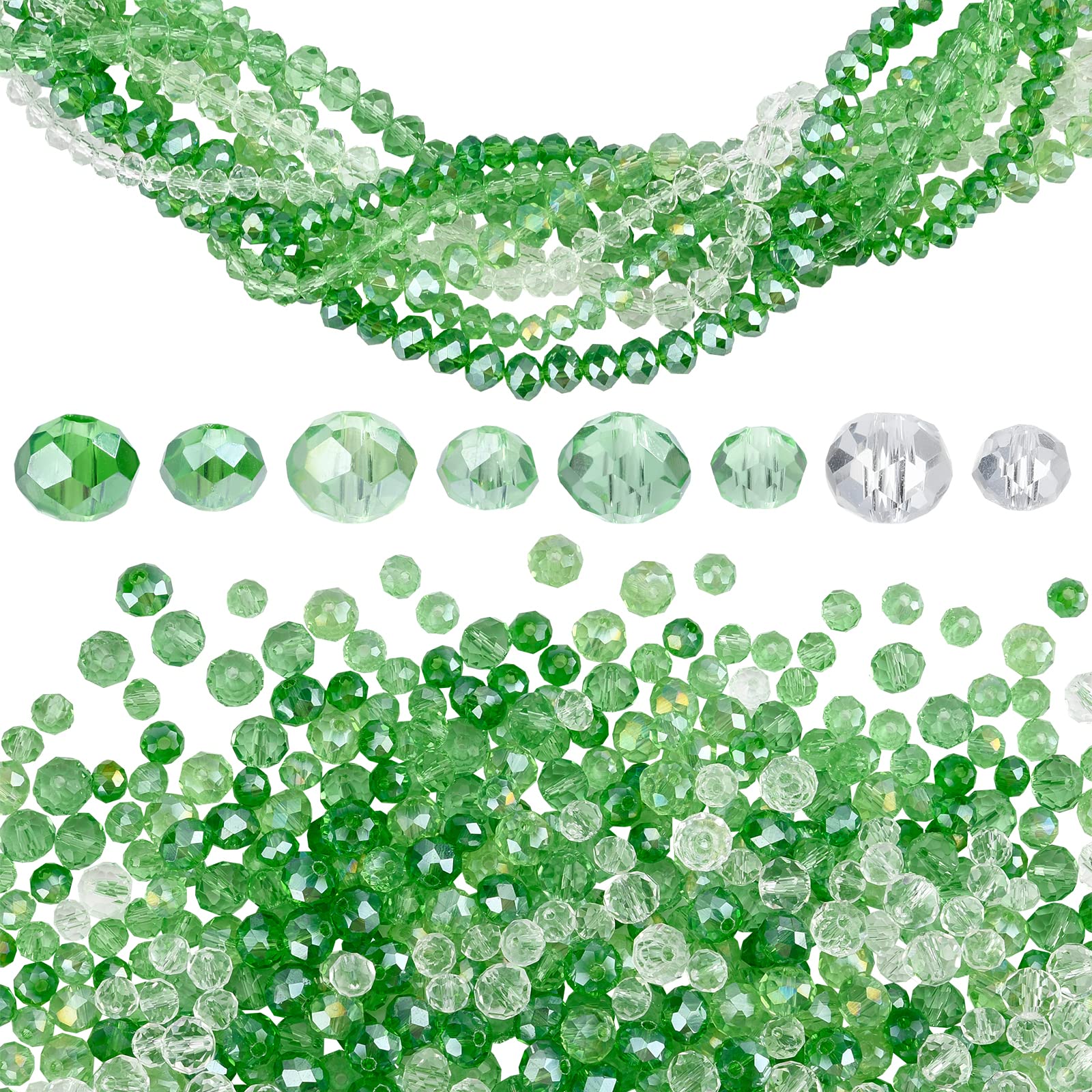 PH PandaHall 660pcs Faceted Rondelle Glass Beads, 8 Style AB Color Plated Faceted Beads Green Clear Loose Spacer Bead for DIY Craft St. Patrick Bracelet Jewellery Making, 6mm 8mm 1 Strand/Style