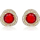 18K Gold Plated Ruby Red Stud Earrings for Women, Double Halo Cubic Zirconia Crystal Jewelry, Lightweight Hypoallergenic Earrings Gift for Girlfriend, Wife, Wedding or Birthday