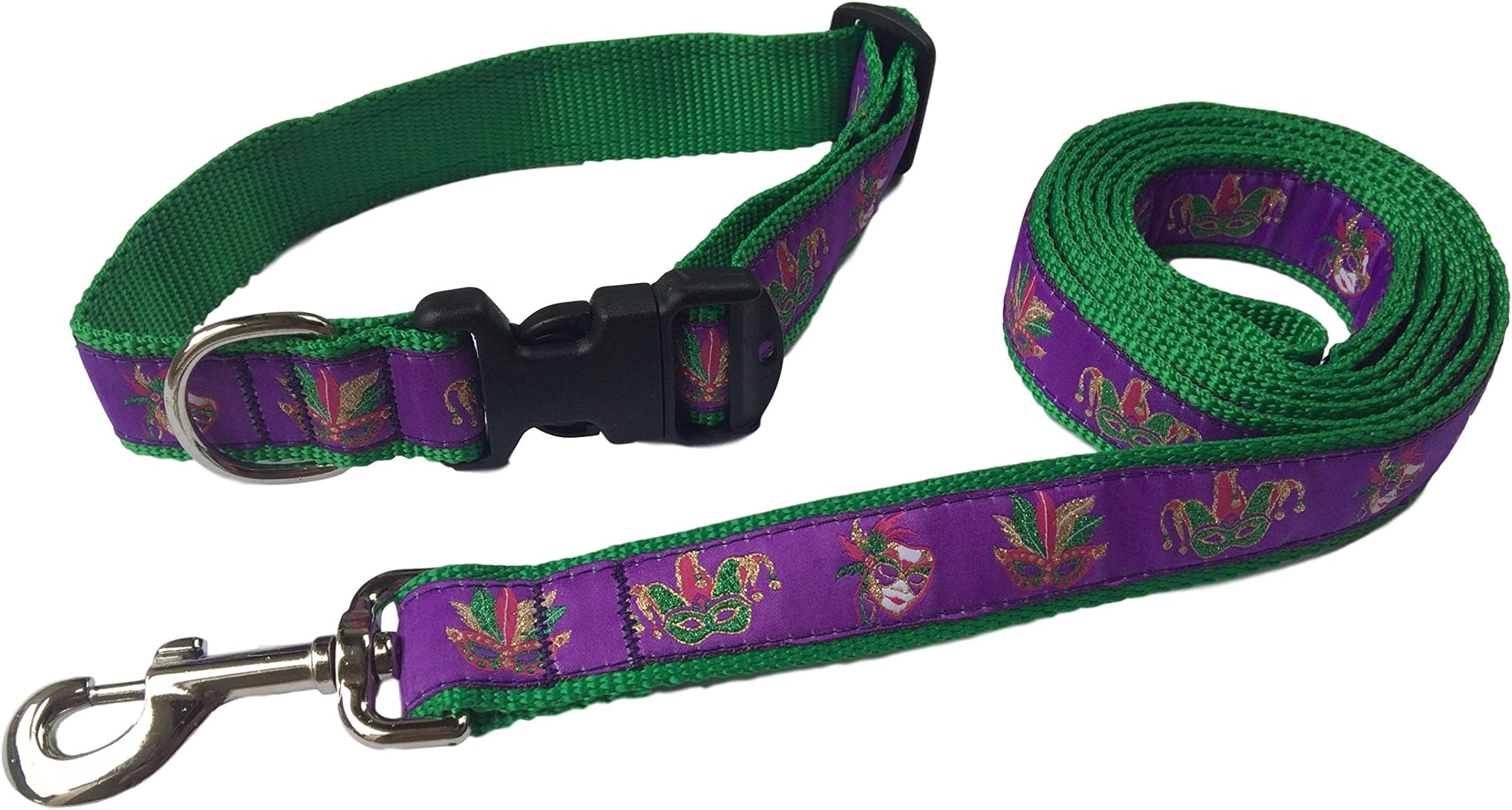 Preston Mardi Gras Dog Collar and Leash Set in Purple Ribbon on Green Nylon Webbing