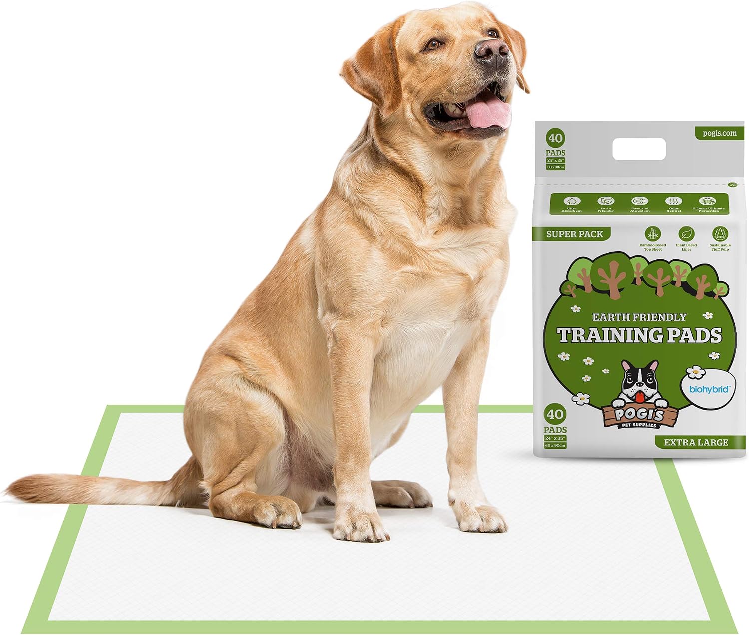 Pogi's Dog Training Pads with Sticky Tabs - Eco-Friendly, Odour Blocking & Super Absorbent - 40-Pack (60 × 90 cm)