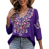 Higustar Women's Embroidered Tops Boho Floral Tunics Fiesta Shirts Peasant Hippie Clothes Traditional Bohemian Blouses Purple