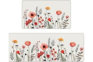 Serwrsw Colorful Flower Fern Kitchen Mats 2 Piece for Floor, Multi Colored Floral Kitchen Rugs Sets of 2, Non Slip Washable, 17"x47"+17"x29", Off White