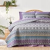 3 Pieces Colorful Bohemian Quilt Set Full Queen Size, Purple n Grey Boho Striped Printed Bedding Bedspread Coverlet Set for Summer, Soft Lightweight Microfiber Quilt with 2 Shams (88x88 inces)