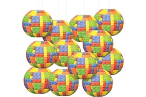 AKAIXI 12PCS Building Block Paper Lanterns, 10 Inch Colorful Bricks Hanging Round Paper Lanterns Decorations for Building Block Themed Birthday Party Decor Supplies