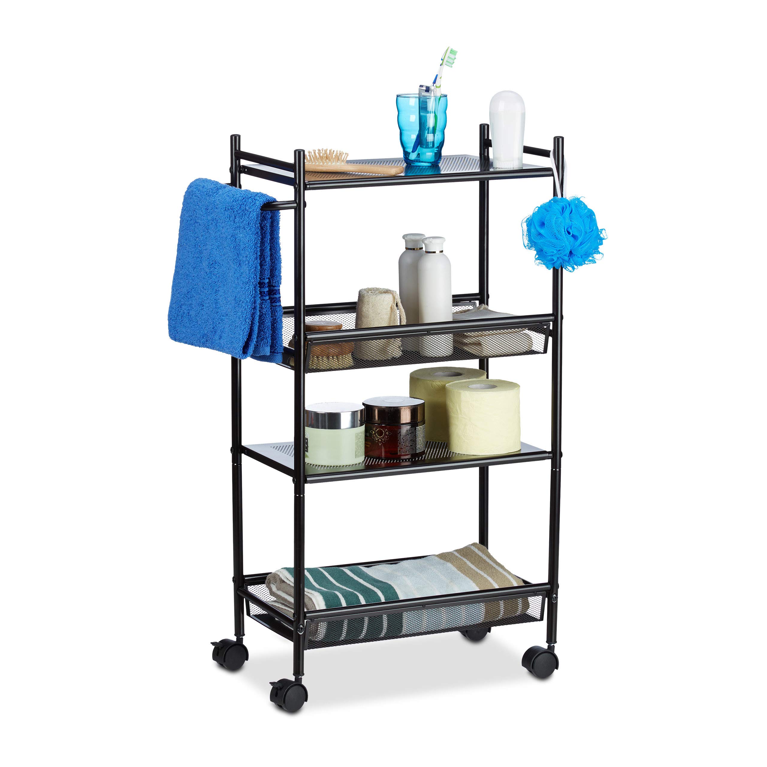 Relaxdays Metal Serving Cart, 4-Tier Kitchen Trolley, Office Rack with Wheels HxWxD: 81 x 26 x 50 cm, Black