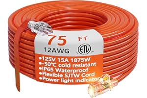 HUANCHAIN 12/3 Gauge Heavy Duty Outdoor Extension Cord 75 ft Waterproof with Lighted end, Flexible Cold-Resistant 3 Prong Electric Cord Outside, 15Amp 1875W 12AWG SJTW, Orange, ETL