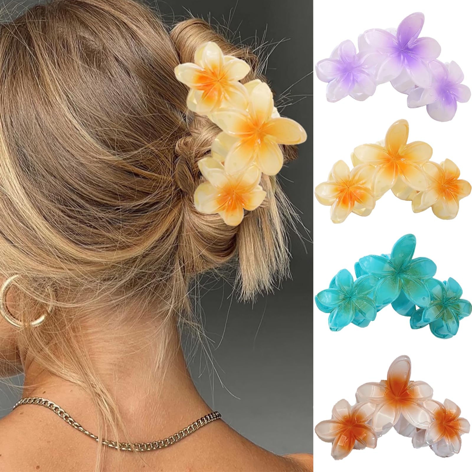 RUIENGCOMM 4 Pcs Flower Hair Clips Non Slip Flower Claw Clips Strong Hold Hair Claw Large Hair Clip for Medium Thick Hair for Girls and Women Straight Curly Wavy Hair ﻿ (4PCS color)
