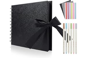 JUTIEUO 60 Pages Small Scrapbook Album with 6 Metallic Markers, 8.5 x 5.9 Inches Black Paper Photo Album for Wedding Anniversary, Family DIY Scrapbook Accessories