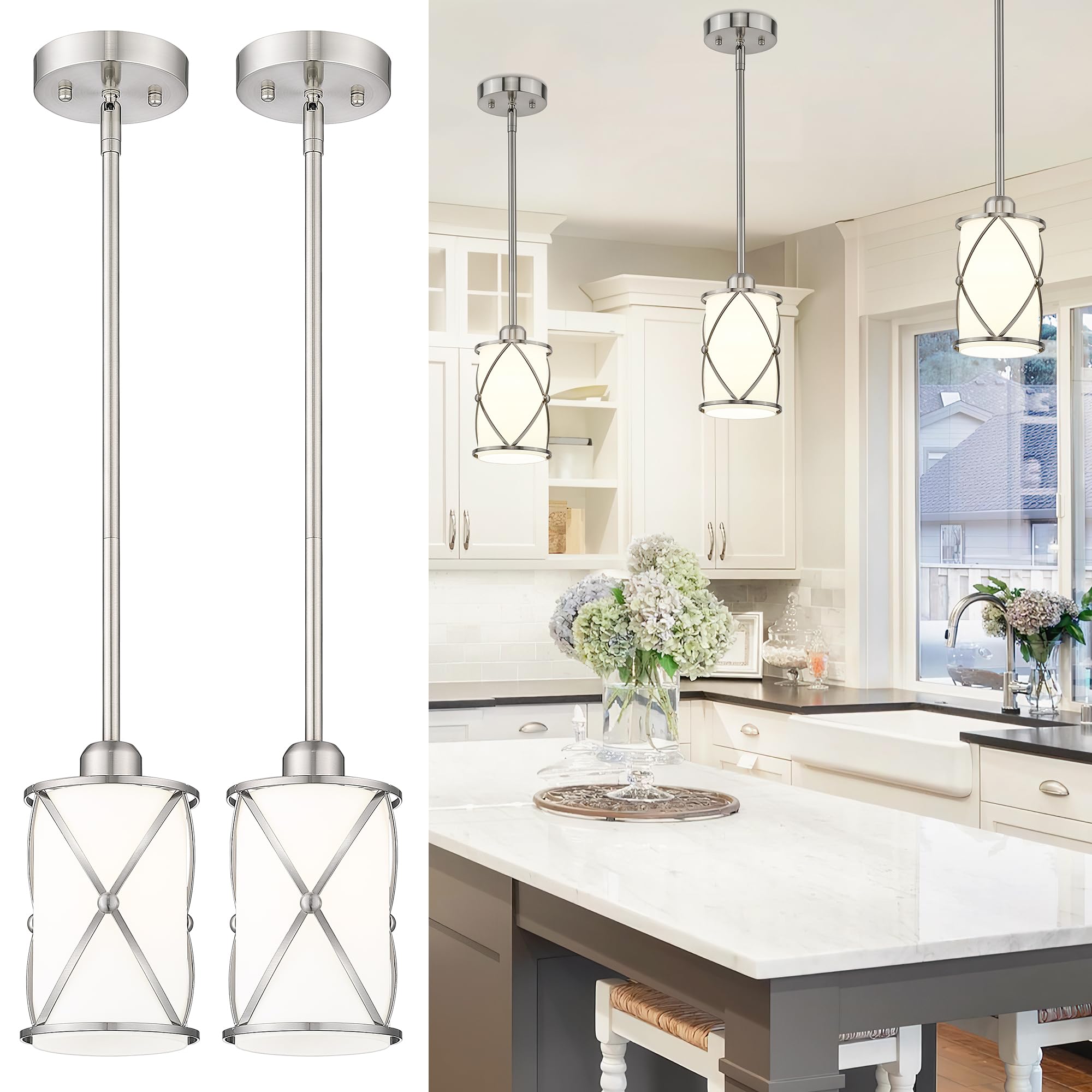 Photo 1 of Osimir Brushed Nickel Pendant Lights Kitchen Island 2 Pack, Modern Glass Pendant Light Fixtures with Frosted Glass and Rods, Mini Hanging Lighting for Kitchen Sink Bathroom, CH9176BNW-2PK