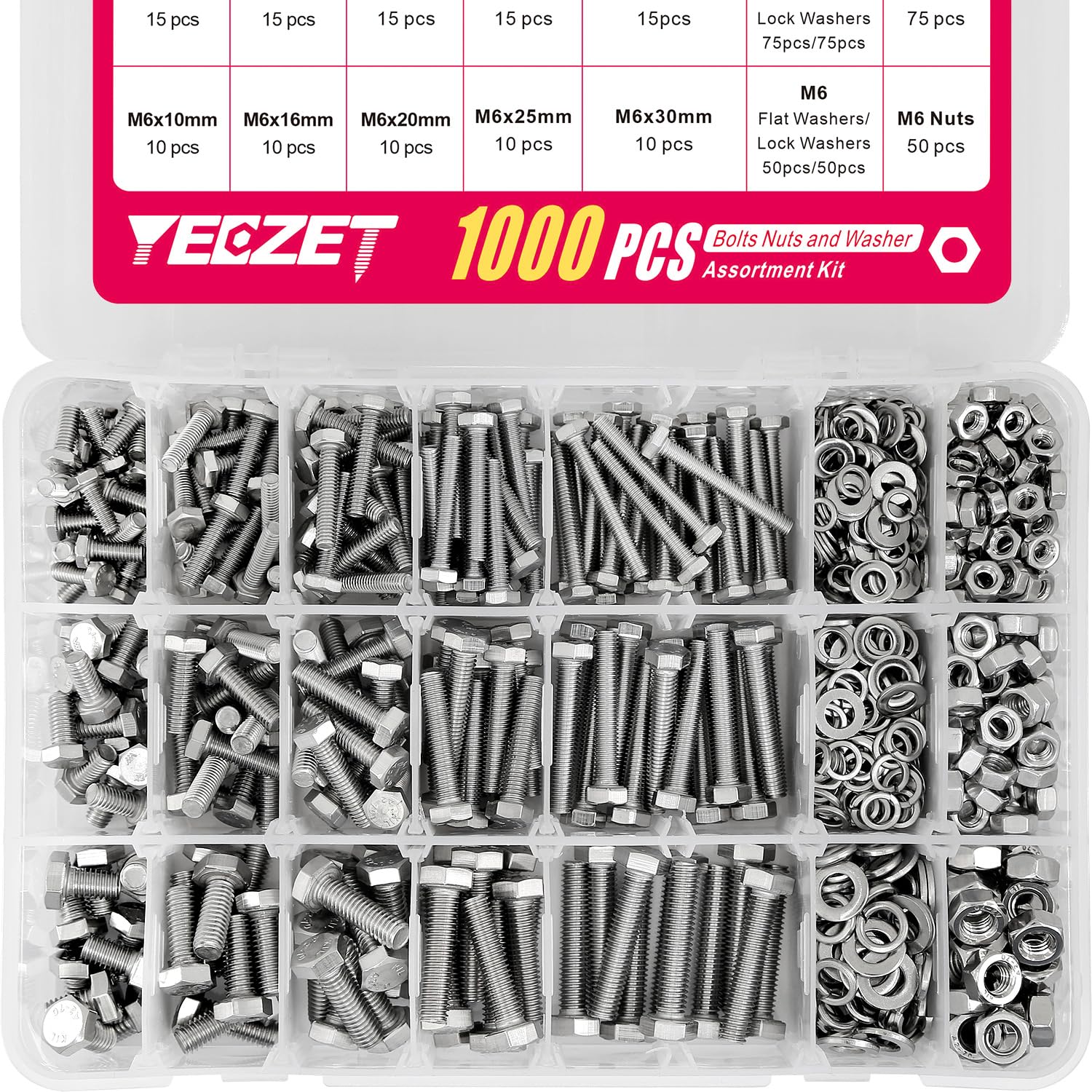 YEEZET 1000pcs M4 M5 M6 Bolts and Nuts Washers Assortment Kit, 304 Stainless Steel Metric Bolt Assortment Set, 15 Most Common Sizes, 10-40mm