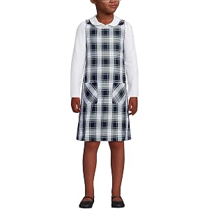 Lands' End Girls Plaid Button Shoulder Patch Pocket Jumper 6 White Plaid