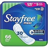 Stayfree Maxi Super Pads Wingless, Period and Leaks, 66 ct