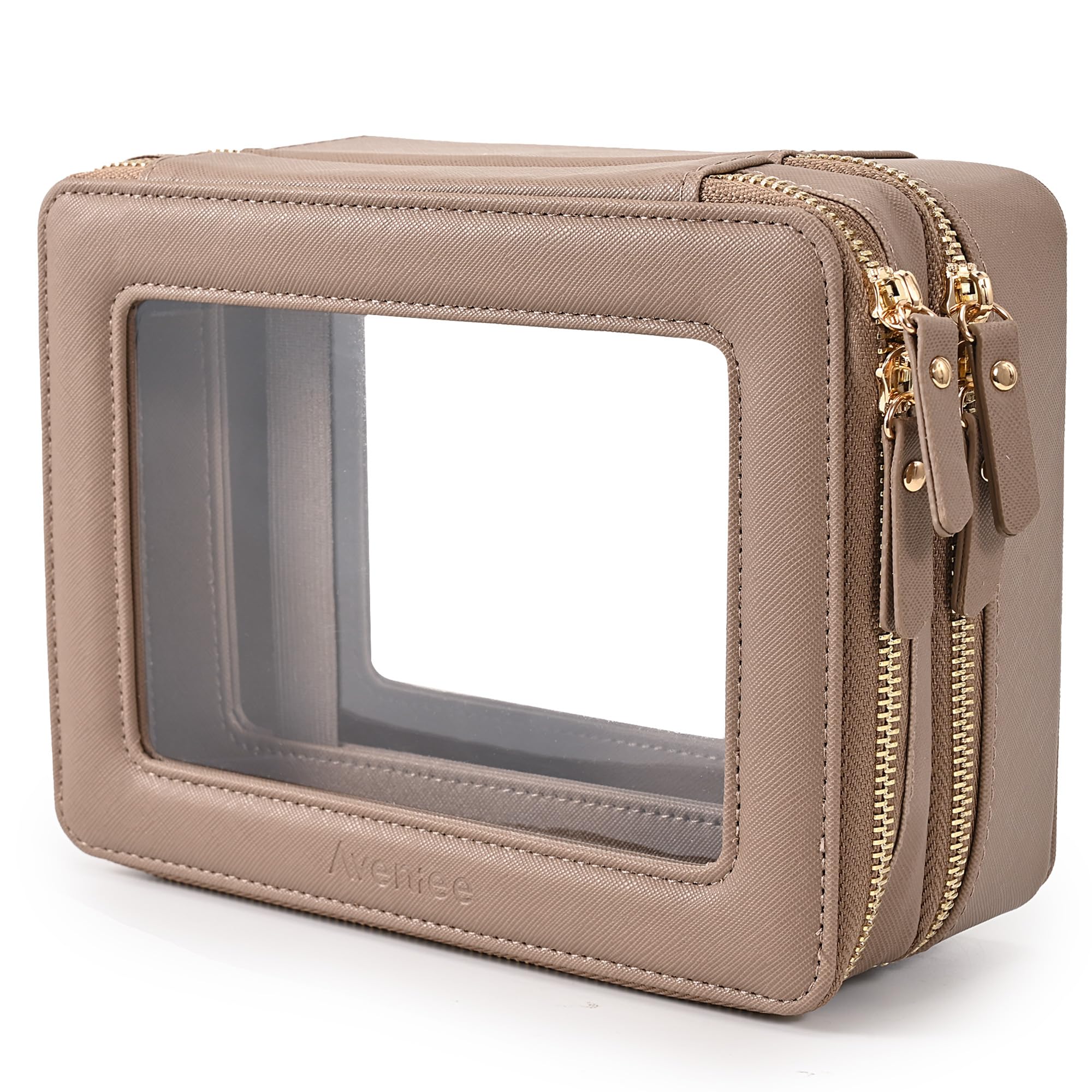 Photo 1 of Aveniee Large Clear Makeup Bags, Double Layer Cosmetic Bags with Separate Brush Compartment,Travel Toiletry Bag Train Case,Travel Accessories Organizer for Women,2 Layers,Brown
