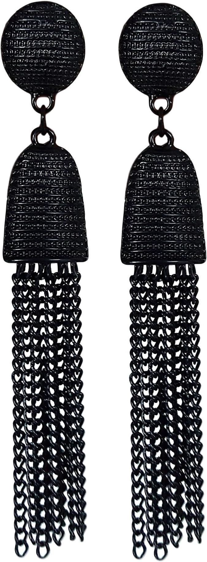 Luxurious Long Hanging Metal Chain Steampunk Industrial Metallic Chrome Finish Fringe Dangle Tassel Drop Earrings