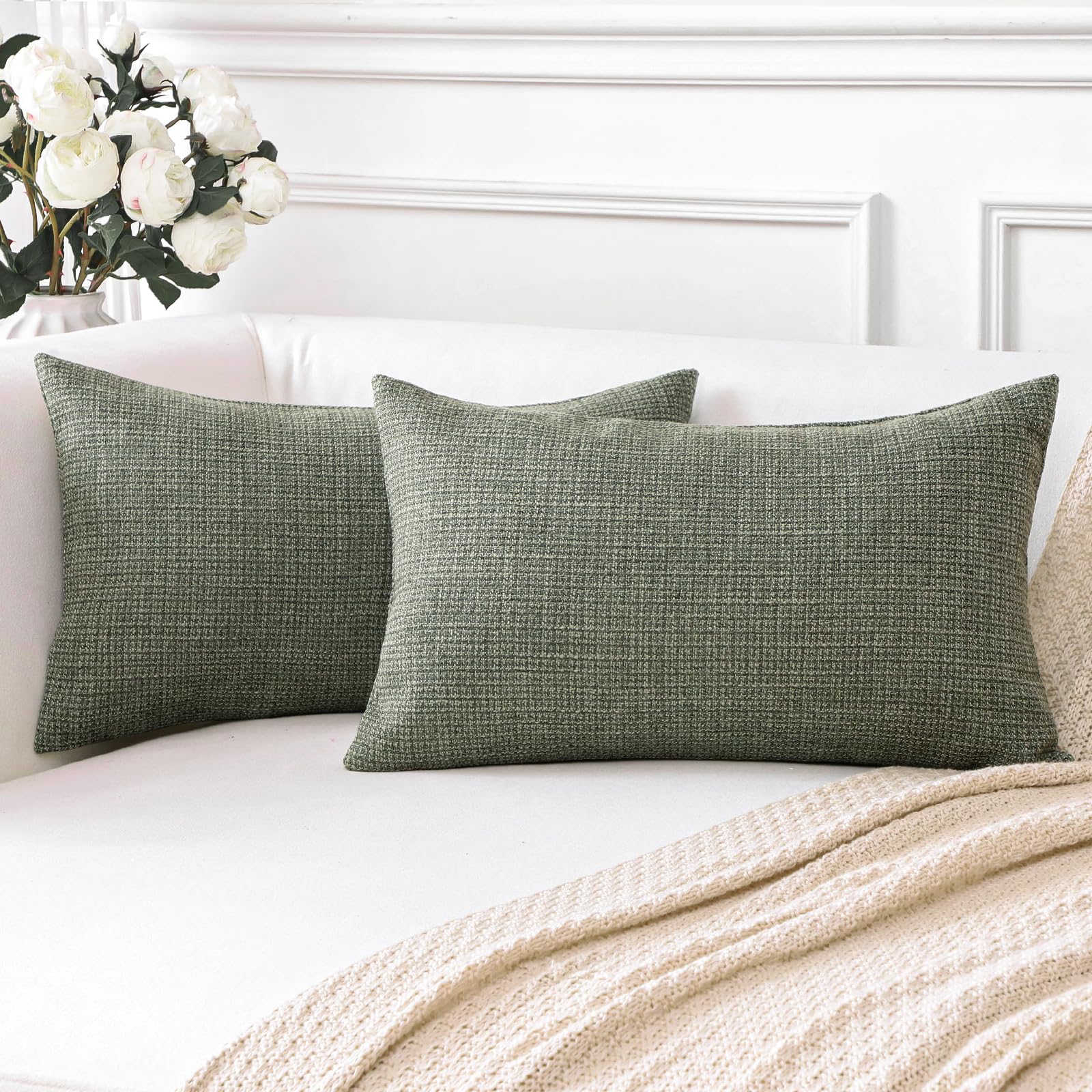 Artscope Christmas Cushion Covers Set of 2 Linen Decorative Square Pillowcases Pillow Covers 30x50cm for Home Decor Sofa Bedroom Car (Gray Green, 12x20)