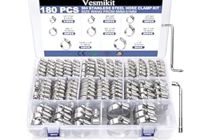Hose Clamp Assortment- Vesmikit 180 PCS Stainless Steel Hose Clamps Kit 1/4"–2"(6-51mm) Worm Gear Clamps for Fuel Line, Plumb
