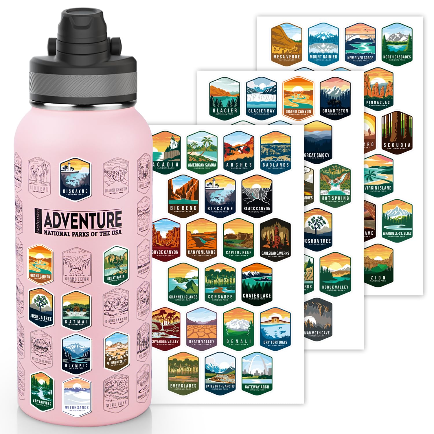 Photo 1 of Nefeeko 32oz National Parks Water Bottle - Insulated Adventure Bottle with Waterproof Stickers | Leakproof Lid & Dual Straw/Spout | USA Bucket List Gift for Hikers, Camping & Outdoor Enthusiasts
