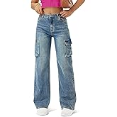 Women High Waisted Cargo Jean for Women with 6 Pockets Straight Wide Leg Jean Casual Baggy Pants