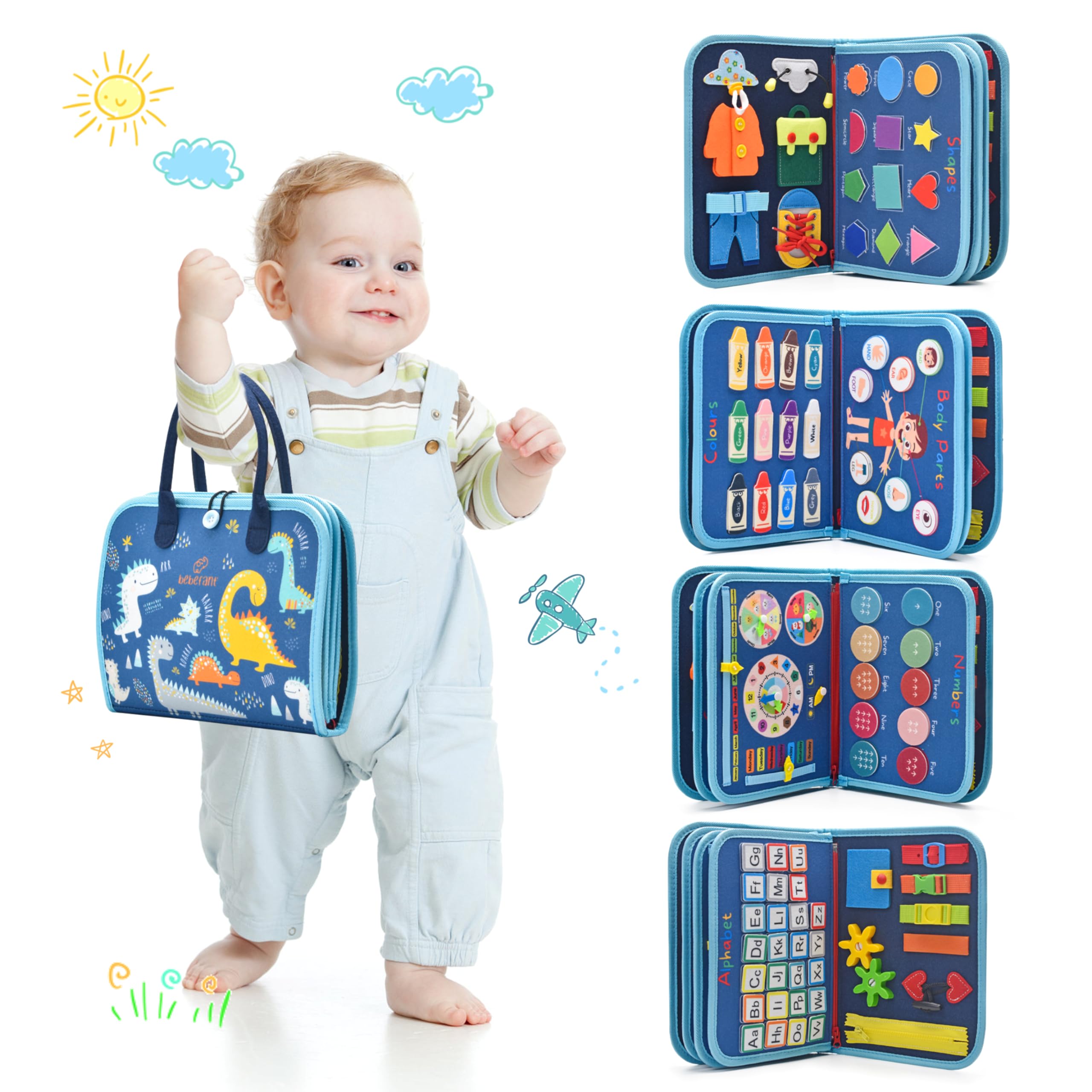 Busy Board for Toddlers & Kids - Sensory Early Development Toy Montessori Toys for Boys Girls 2 3 4 5 6 year olds - Alphabet Numbers Shapes Colours My Body Calendar Time & Date - Dark Blue Dino