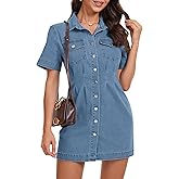 POTILI Denim Shirt Dress for Women Short Sleeve, Jean Stretch Button Down Dresses for Summer
