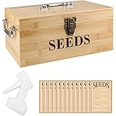 Coolrunner Wood Seed Saving Box, Seed Storage Organizer Case, Seed Packet Storage Organizer with Lock and 3 Handles, 30P Plant Labels, 30P Seeding Envelopes Bag (Natural Wood Color)