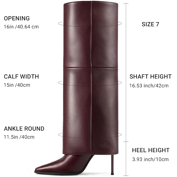 KARONAIRY WOMEN’S KNEE HIGH BOOTS, FOLD OVER TALL HIGH HEEL BOOTS STILETTO POINTED TOE FASHION DRESS BOOTS FOR FALL WINTER BURGUNDY