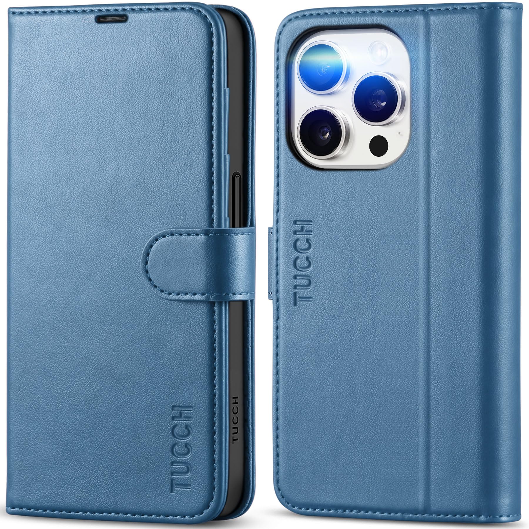 TUCCH Wallet Case for iPhone 15 Pro (6.1") 2023, Magnetic PU Leather Case with [Shockproof TPU][RFID Blocking]Card Holders[Viewing Stand]Protective Flip Cover Compatible with iPhone 15 Pro, Lake Blue