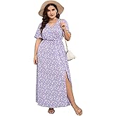 KOJOOIN Womens Kojooin Women Plus Size Wrap Maxi Dress Short Flutter Sleeves Empire Waist Side Split a Line Casual Dress
