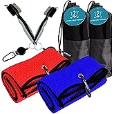2-Pack Golf Towel & Club Brush Set – Microfiber Waffle Towels + Retractable Groove Cleaners – Bonus Carry Pouch – Lint-Free & Fast Drying (Red and Blue)
