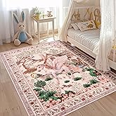 Geanlod Pink Washable Area Rugs 5x7ft, Unicorn Animal Print Living Room Bedroom Rugs Soft, Floral Botanical Kids Girls Nursey Playroom Floor Carpets for Dining Room Farmhouse Study Home Office Decor