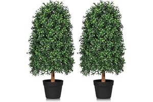 MANASENLUSH 30 inch Artificial Boxwood Tree Topiary, Set of 2 Faux Potted Topiary for Outdoor Planter, Lush Foliage & UV Resistant Fake Boxwood Bushes for Front Door Porch Entrance Balcony Decor